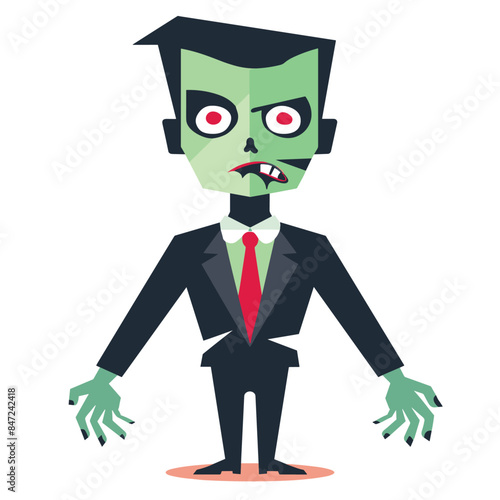 Spooky cartoon zombie suit red tie green skin wide eyes standing isolated against white background. Illustration business zombie disheveled black hair, sharp teeth, halfdressed formal attire