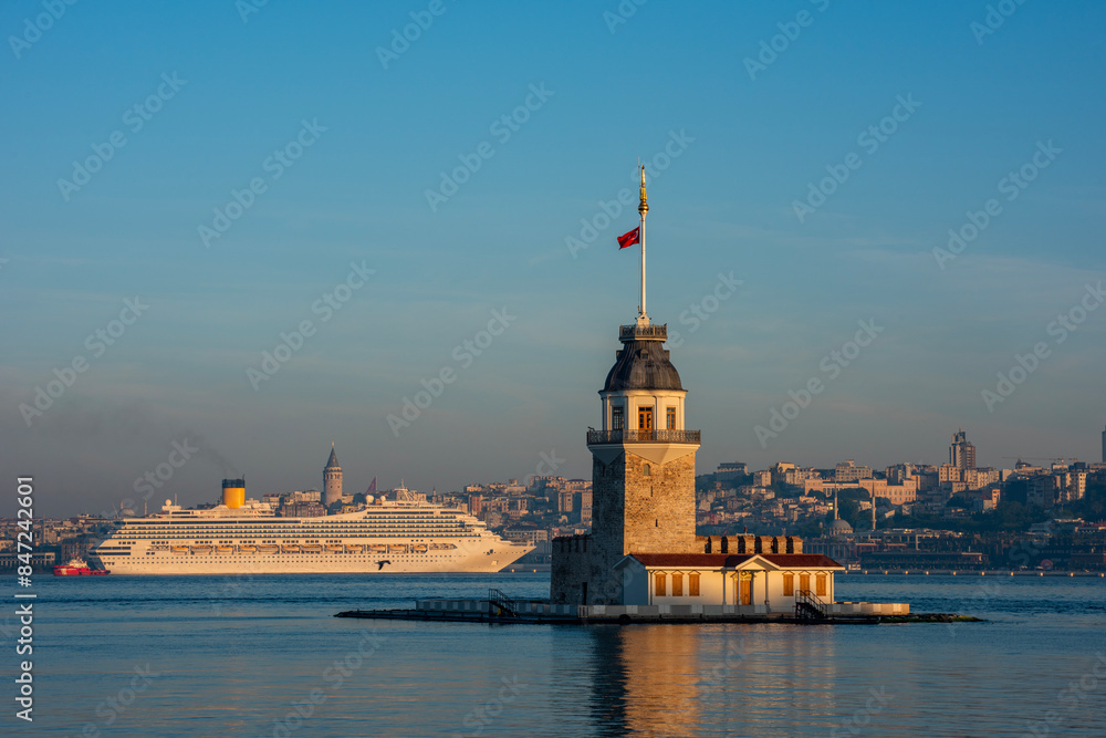Maiden's Tower with beautiful sunrise sky in Istanbul, Turkey. (Turkish Name: KIZ KULESI). Colorful sunrise sky in Istanbul. Maiden's Tower with beautiful sunrise sky in Istanbul, Turkey. (Turkish Name: KIZ KULESI). Colorful sunrise sky in Istanbul.