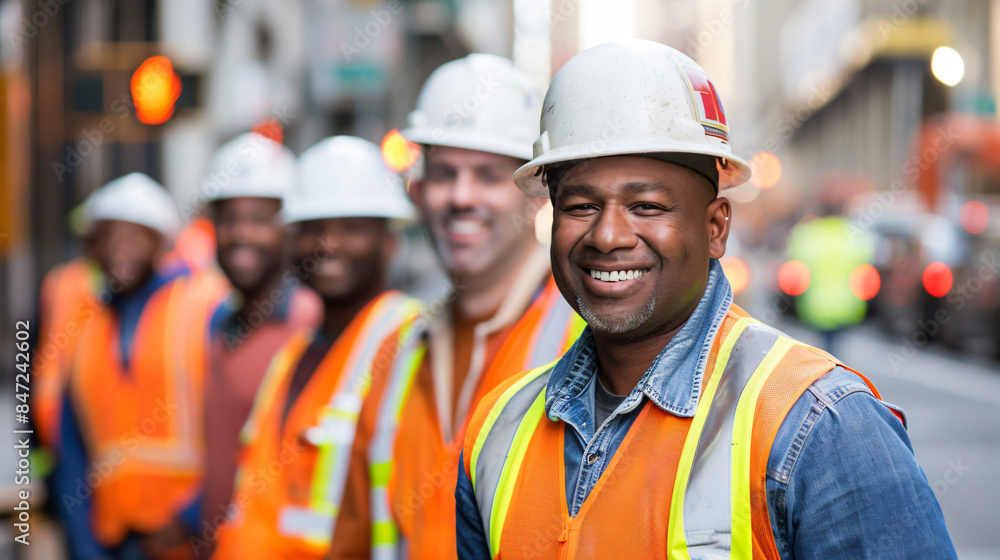 Happy construction team in safety gear posing on urban street Happy construction team in safety gear posing on urban street