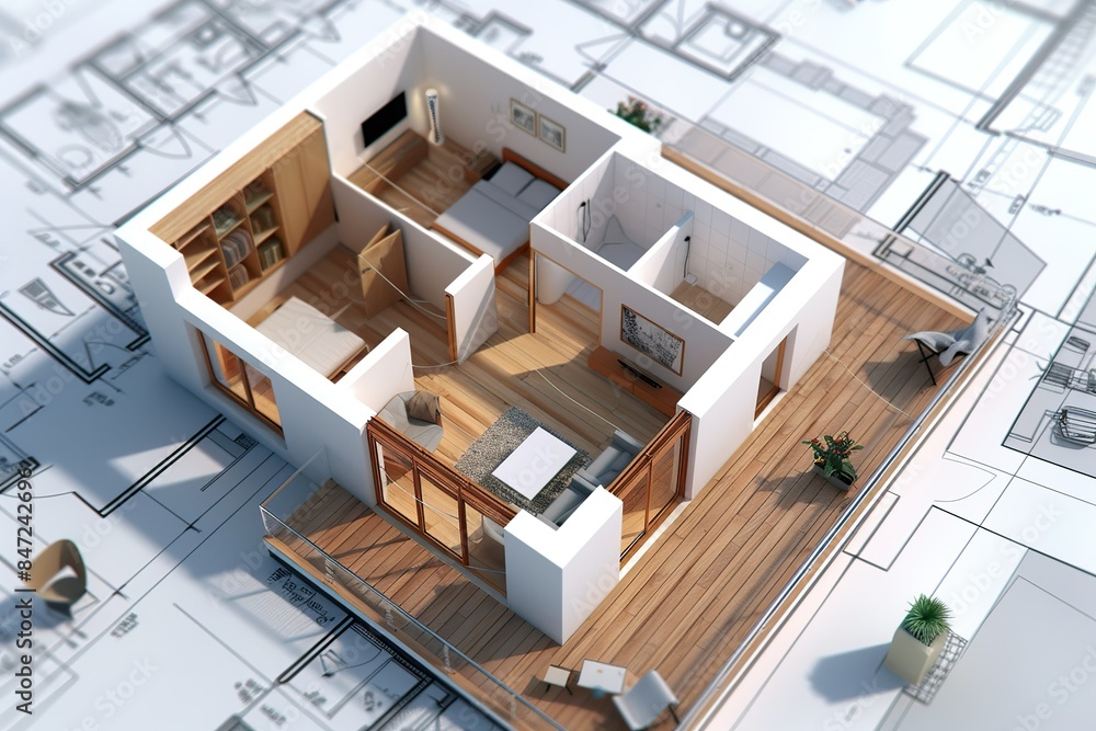 A white house with a wooden floor and a balcony