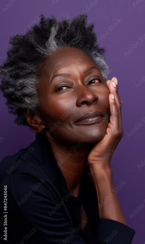 An elegant older woman with gray hair poses thoughtfully against a purple background An elegant older woman with gray hair poses thoughtfully against a purple background