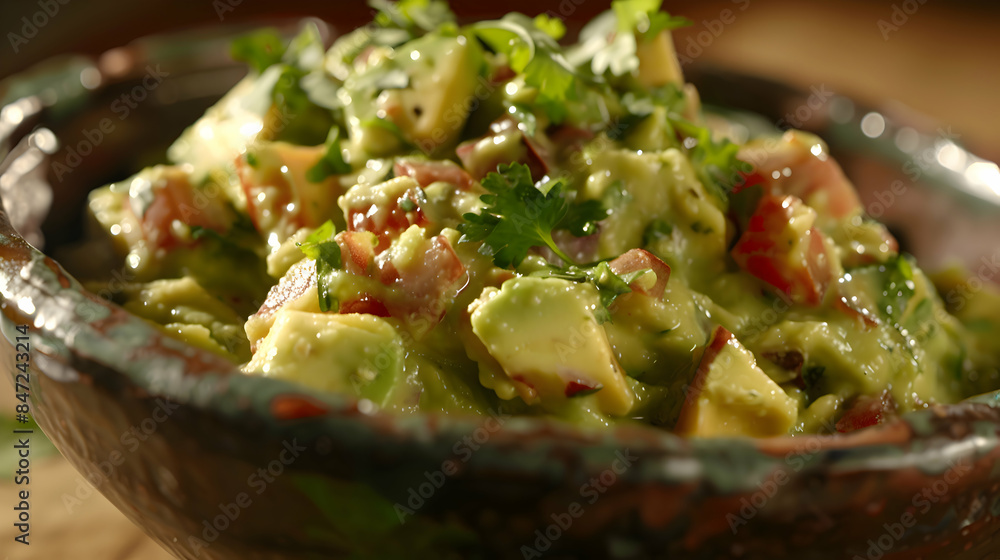 A bowl of fresh fast food guacamole with chunks of avocado and a sprinkle of cilantro A bowl of fresh fast food guacamole with chunks of avocado and a sprinkle of cilantro