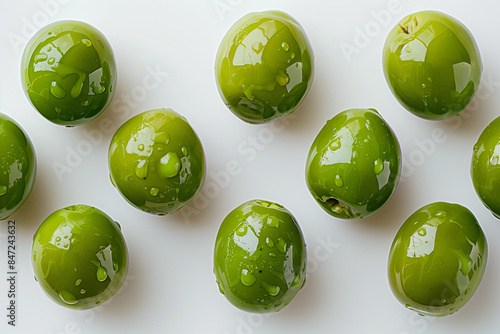 Green Olives With Water Droplets On A White Surface photo