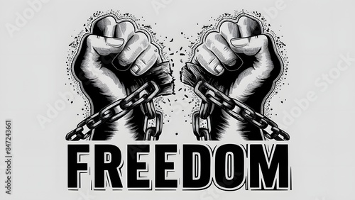 Two hands, one above the other, breaking free from chains. The chains are depicted as being snapped, with the broken links illustrated bysmall dots. The word 'FREEDOM' is written below the hands photo