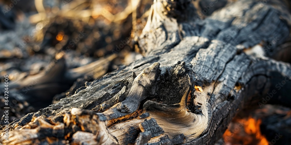 Burnt wood texture closeup. Charred tree trunk macro image. Environmental damage concept. Design for background and texture. Closeup view with copy space. Burnt wood texture closeup. Charred tree trunk macro image. Environmental damage concept. Design for background and texture. Closeup view with copy space.
