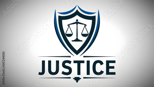 Free Download A shield-like emblem with a balance scale icon in the center. The shield is bordered by a blue outline. Below the shield, the word 'JUSTICE' is written in bold, capital letters. - GFXLoad