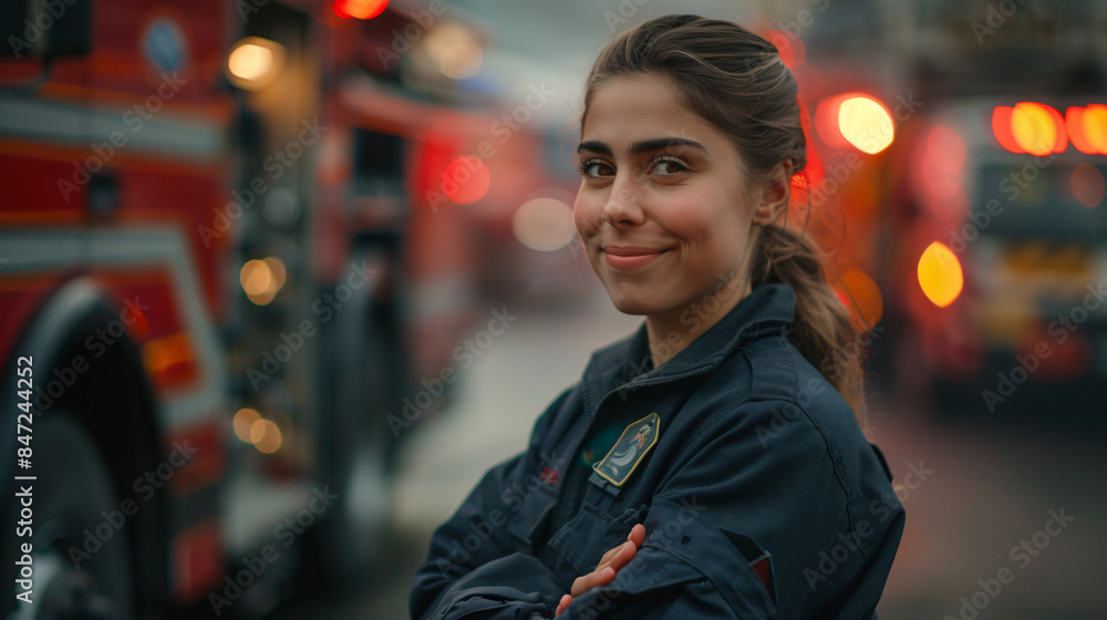 Fototapeta premium Portrait of a female firefighter smiling in front of a fire truck at twilight