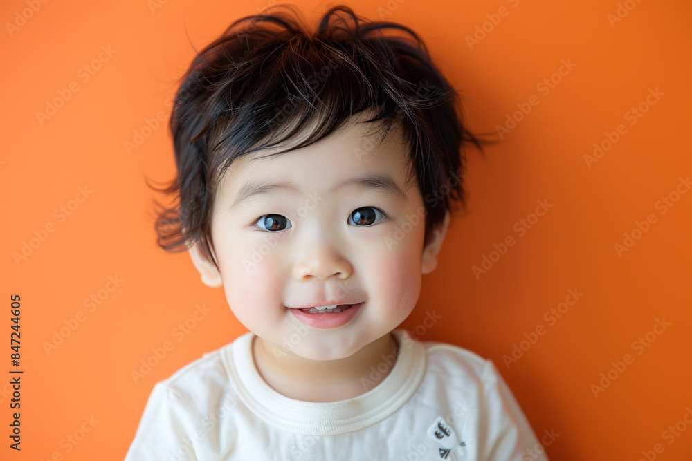 Naklejka premium East Asian Japan China Korea Cute Little Boy Isolated on a red Background Adorable Child Smiling Happy Playful Youthful Innocent Ethnic Cultural Portrait Studio Photography