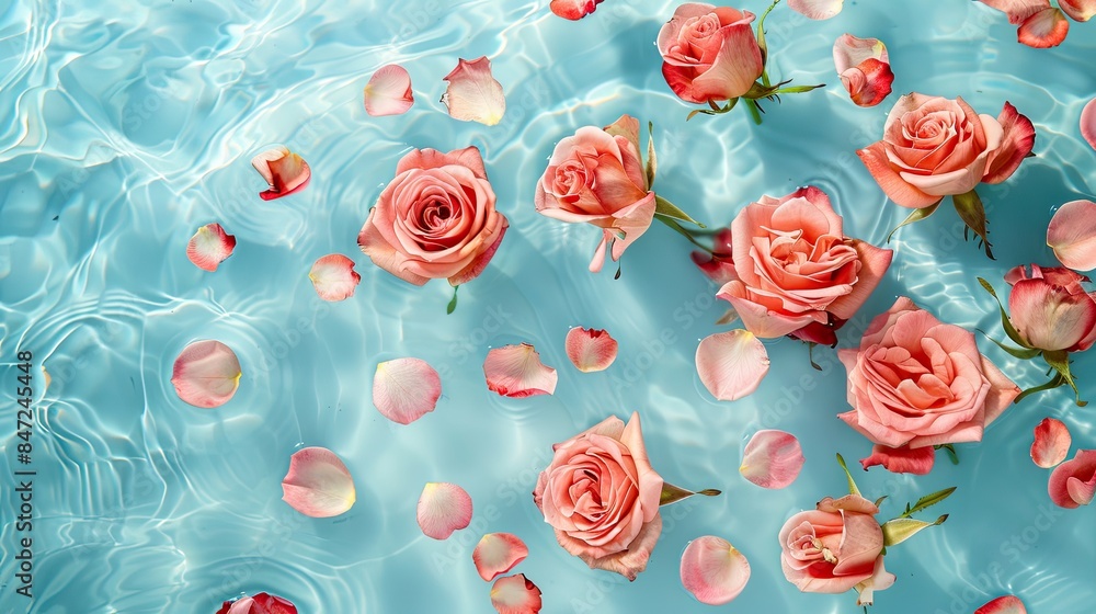 Pink roses and rose petals floating on clear water, with a light blue background Pink roses and rose petals floating on clear water, with a light blue background