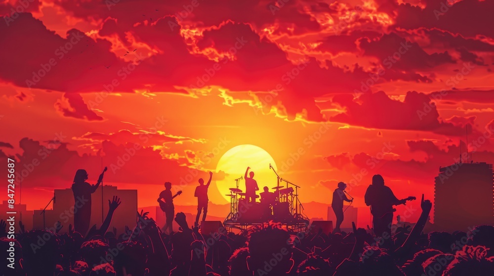 Music festival poster showcasing a vibrant sunset with silhouettes of performers on stage Music festival poster showcasing a vibrant sunset with silhouettes of performers on stage