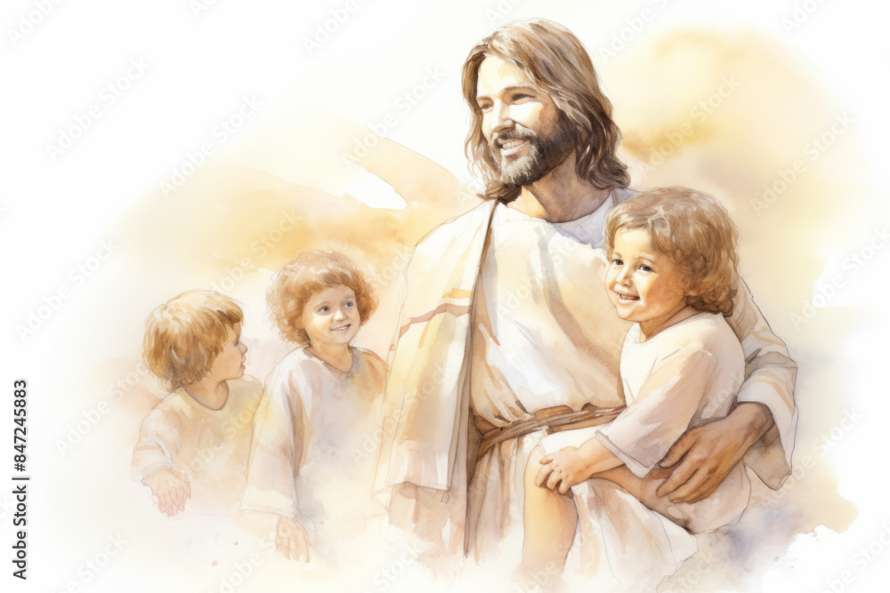 Jesus Christ with Children Watercolor Illustration Jesus Christ with Children Watercolor Illustration