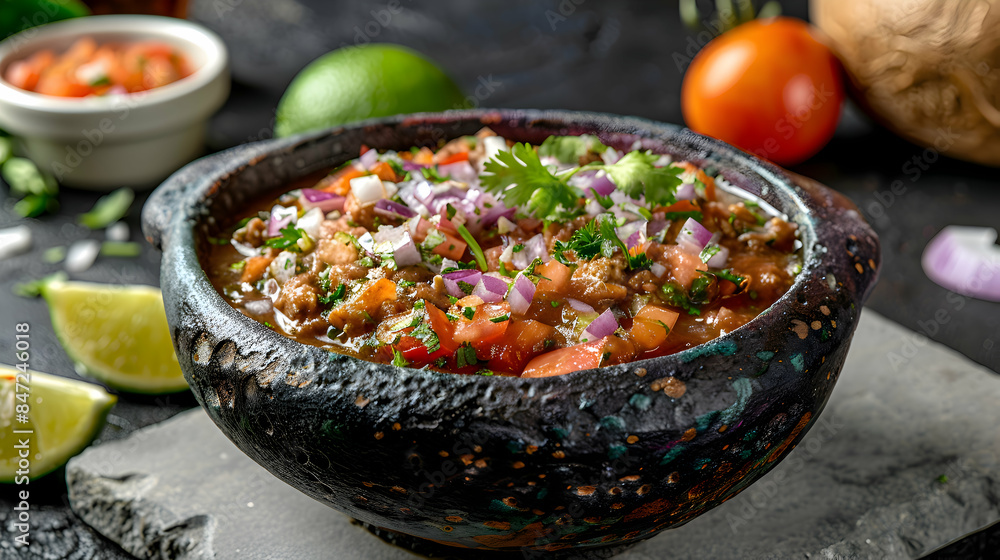 A bowl of freshly made fast food salsa with vibrant ingredients and rich flavors A bowl of freshly made fast food salsa with vibrant ingredients and rich flavors