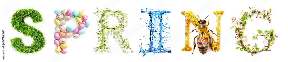 Spring Symbols Text Made of Grass, Easter Eggs, Snowdrops, Water Rain, Bee on Honey, Blooming Apple Flowers on White Background Spring Symbols Text Made of Grass, Easter Eggs, Snowdrops, Water Rain, Bee on Honey, Blooming Apple Flowers on White Background