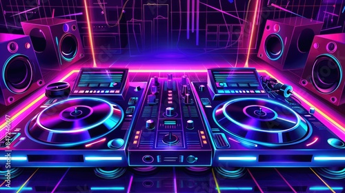 Music festival poster with a neon color scheme and DJ turntables in the background