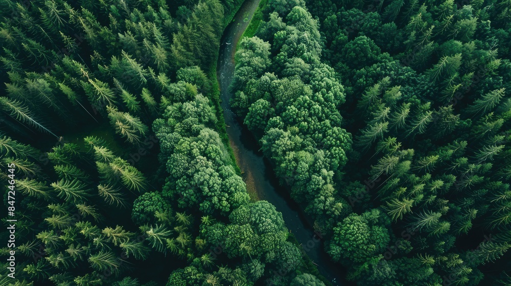 Top view drone shot of a dense forest with a river winding through Top view drone shot of a dense forest with a river winding through