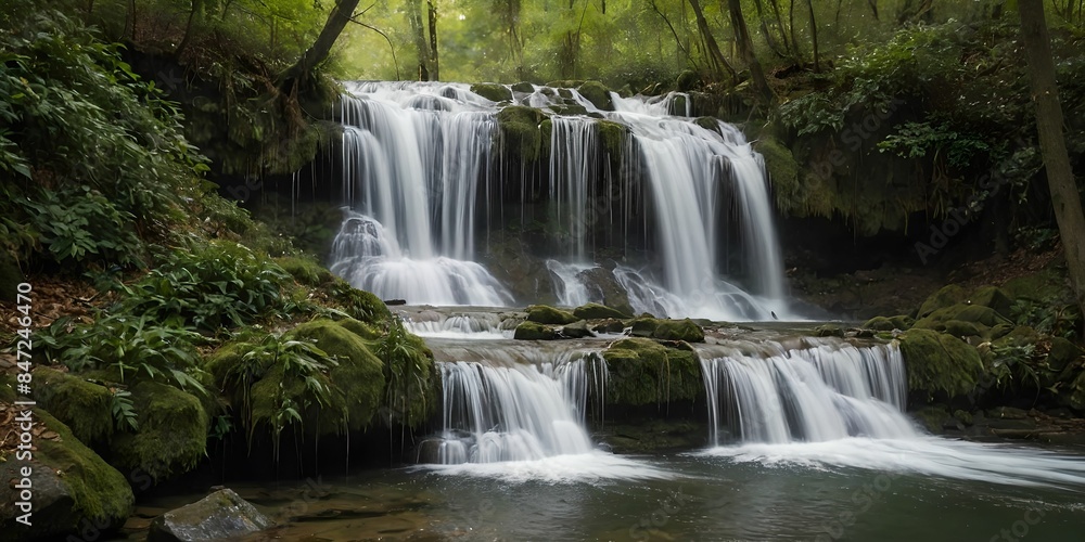 Wallpaper representing a waterfall in a forest. The detailed image captures emotion and movement in a serene setting. Wallpaper representing a waterfall in a forest. The detailed image captures emotion and movement in a serene setting.