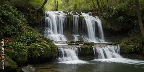Wallpaper representing a waterfall in a forest. The detailed image captures emotion and movement in a serene setting.