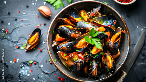 A bowl of freshly made fast food mussels with vibrant colors and rich flavors