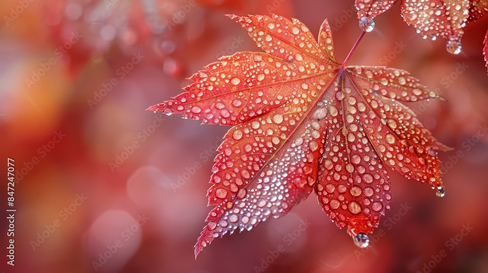 Vibrant Autumn Leaf Covered in Dew Drops with Soft Bokeh Vibrant Autumn Leaf Covered in Dew Drops with Soft Bokeh
