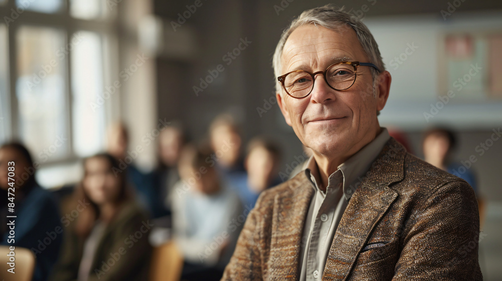 Senior male professor smiling with students in the background - a portrait Senior male professor smiling with students in the background - a portrait