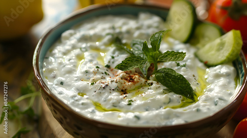A bowl of freshly made fast food tzatziki with vibrant ingredients and rich flavors