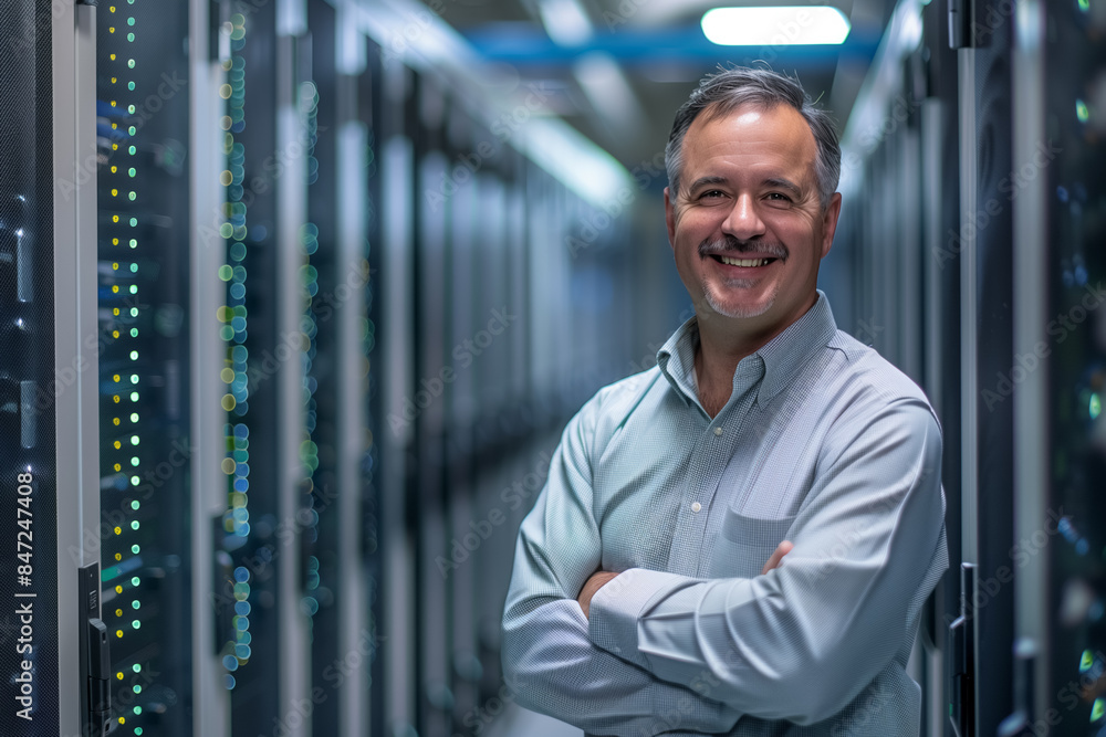 Engineer Standing and Posing with Crossed Arms in the Middle of a Working Data Center Server Room with Server Computers Working on a Rack. Generative AI Engineer Standing and Posing with Crossed Arms in the Middle of a Working Data Center Server Room with Server Computers Working on a Rack. Generative AI