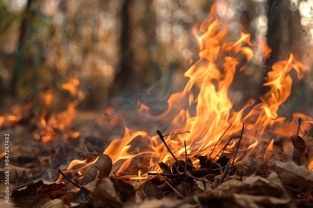 Forest floor burning with flames and dry leaves. Environmental disaster concept. Banner with space for text. Image for fire safety campaigns, and ecological studies. Banner with copy space. Forest floor burning with flames and dry leaves. Environmental disaster concept. Banner with space for text. Image for fire safety campaigns, and ecological studies. Banner with copy space.