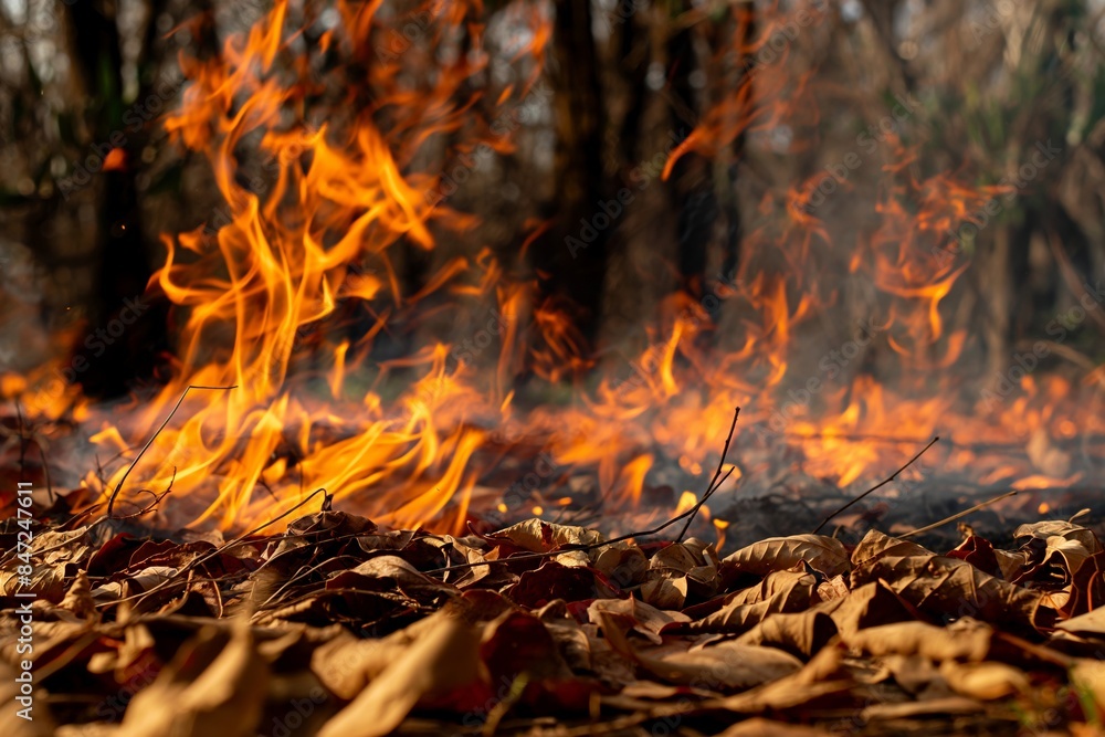 Forest floor burning with flames and dry leaves. Environmental disaster concept. Banner with space for text. Image for fire safety campaigns, and ecological studies. Banner with copy space. Forest floor burning with flames and dry leaves. Environmental disaster concept. Banner with space for text. Image for fire safety campaigns, and ecological studies. Banner with copy space.