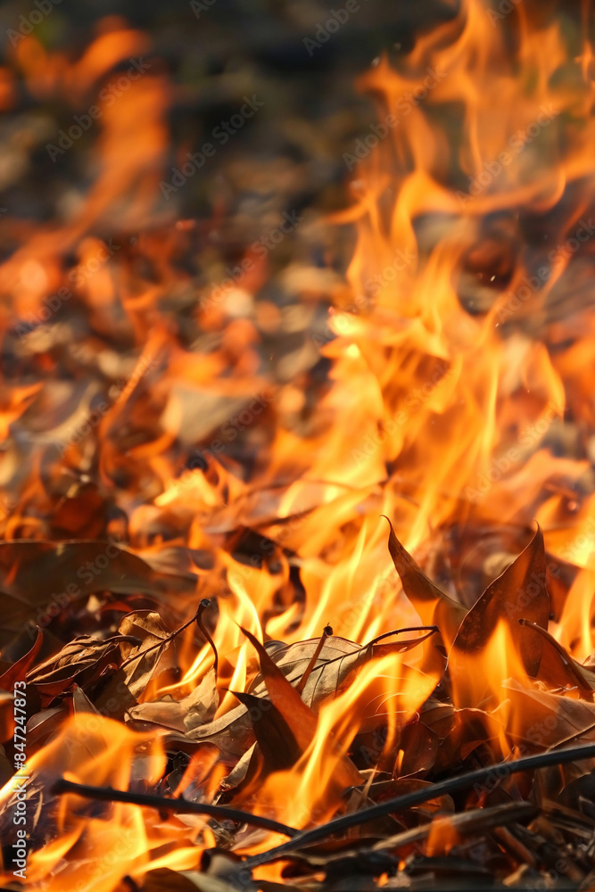 Forest floor burning with flames and dry leaves. Environmental disaster concept. Banner with space for text. Image for fire safety campaigns, and ecological studies. Banner with copy space. Forest floor burning with flames and dry leaves. Environmental disaster concept. Banner with space for text. Image for fire safety campaigns, and ecological studies. Banner with copy space.