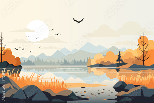 Beautiful autumn landscape of a forest on the shore of a large lake against the backdrop of amazing mountains and birds. Autumn trees falling leaves, clouds and sun. Autumn season vector illustration.
