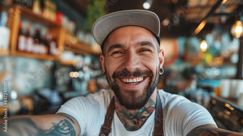 Smiling man with tattoos and piercings taking a selfie in a cozy cafe