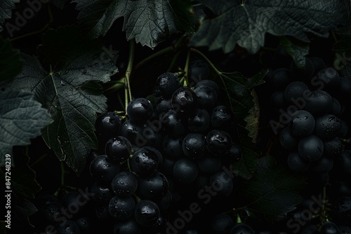 Close up of wet bunches of pinot noir grapes hanging from a vine with dark green leaves