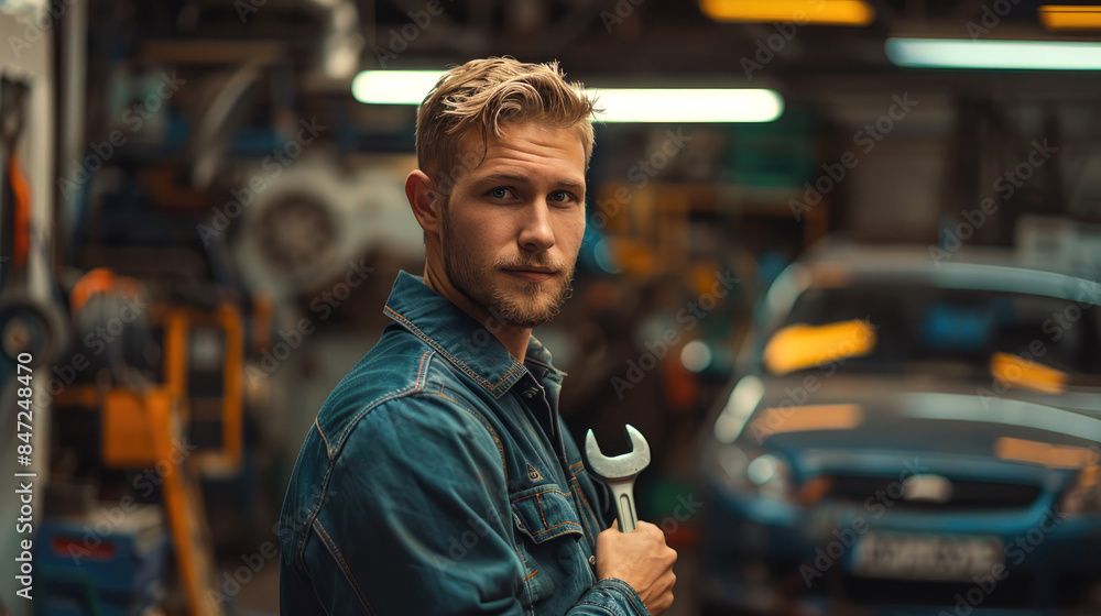 A cheerful mechanic holding a wrench standing in garage A cheerful mechanic holding a wrench standing in garage