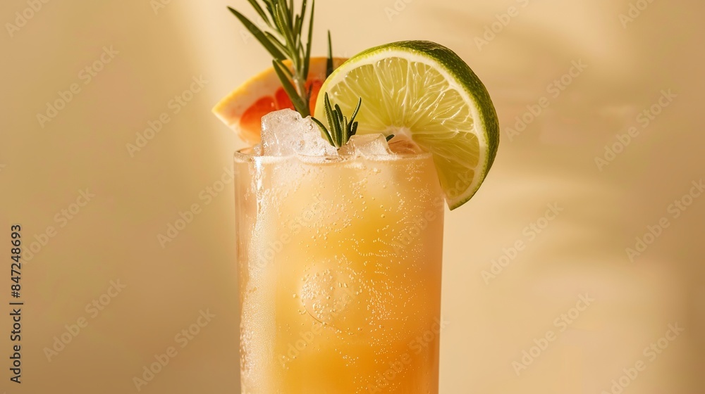 A refreshing grapefruit soda is served with a lime wedge and a sprig of rosemary. The drink is set against a beige background. A refreshing grapefruit soda is served with a lime wedge and a sprig of rosemary. The drink is set against a beige background.