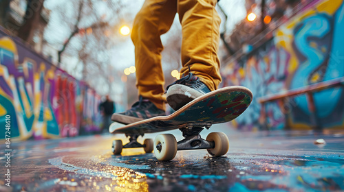 Urban Skateboarding Art in Action: Colorful Graffiti and Dynamic Street Vibes