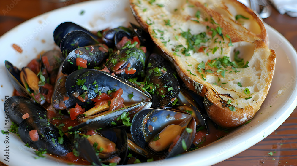 A bowl of steamed fast food mussels with a side of garlic bread A bowl of steamed fast food mussels with a side of garlic bread