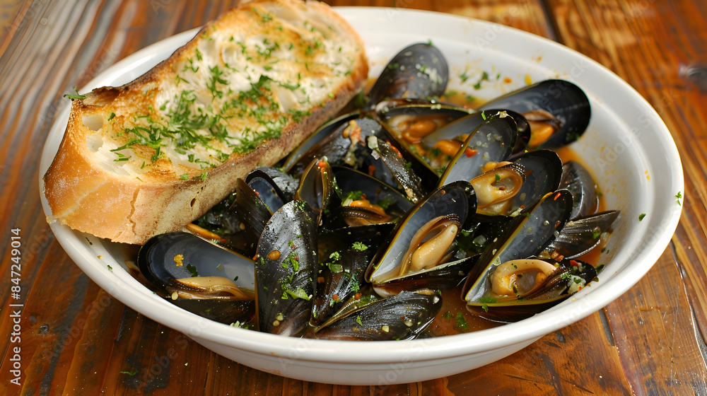 A bowl of steamed fast food mussels with a side of garlic bread A bowl of steamed fast food mussels with a side of garlic bread