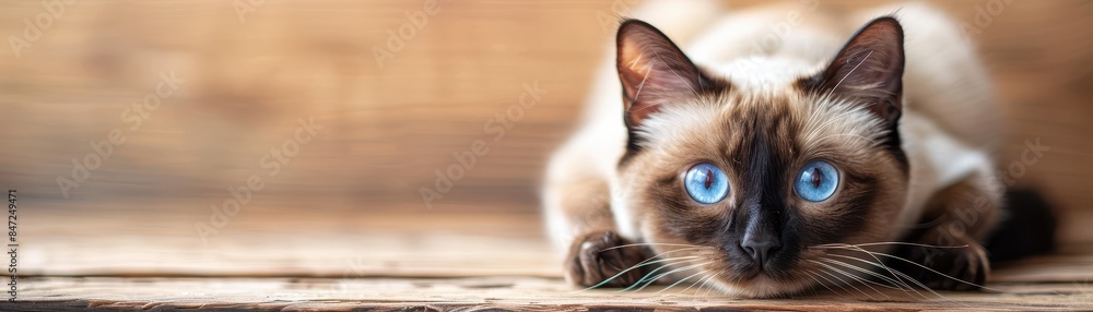 A Siamese cat with stunning blue eyes lies on a wooden surface, staring intensely. Perfect image for pet lovers and cat enthusiasts. A Siamese cat with stunning blue eyes lies on a wooden surface, staring intensely. Perfect image for pet lovers and cat enthusiasts.