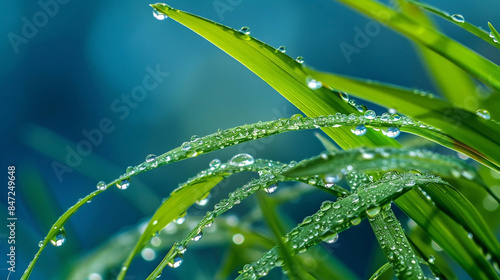 A macro closeup photo of green grass with natural sun light and water drops on leaves in a rainy day   