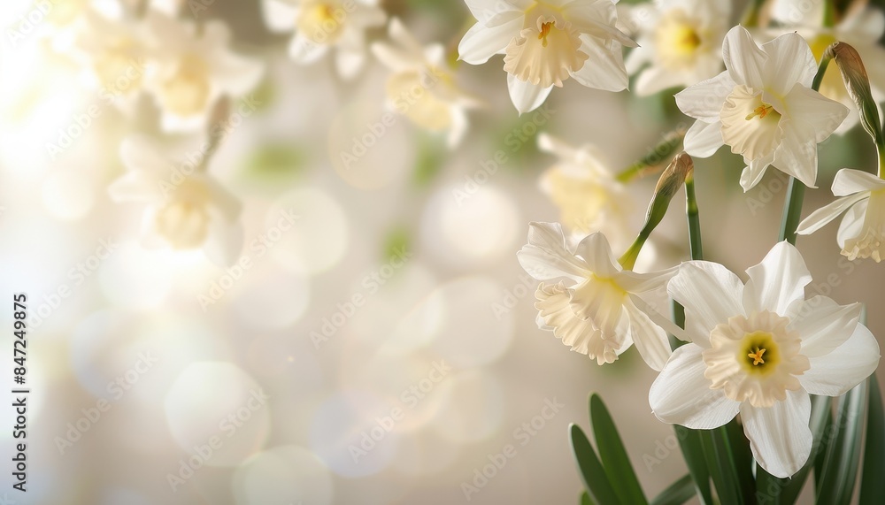 Beautiful white daffodils in bloom with soft bokeh background, creating a serene and tranquil springtime scene. Beautiful white daffodils in bloom with soft bokeh background, creating a serene and tranquil springtime scene.
