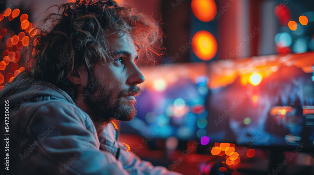 A person in casual attire having a virtual meeting with multiple participants on a computer screen, cozy home background A person in casual attire having a virtual meeting with multiple participants on a computer screen, cozy home background