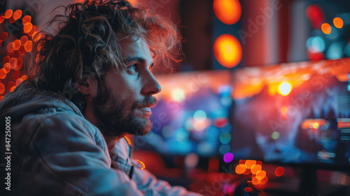 A person in casual attire having a virtual meeting with multiple participants on a computer screen, cozy home background