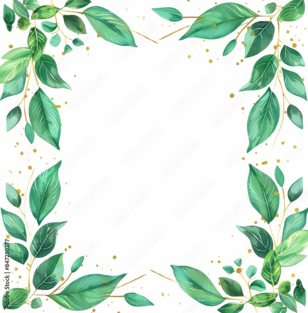 Handdrawn cartoon frame with green leaves and golden geometric shapes Handdrawn cartoon frame with green leaves and golden geometric shapes