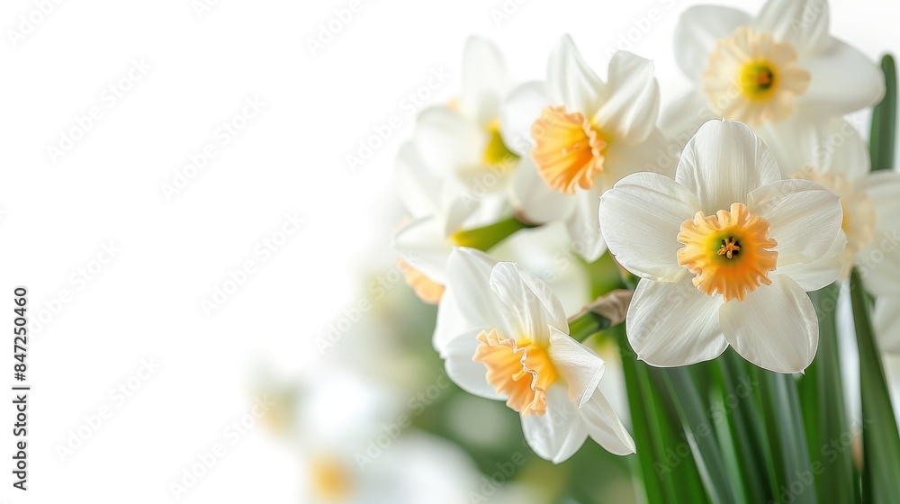 Close-up of blooming white and yellow daffodil flowers captured in a bright, minimalist setting with a white background. Close-up of blooming white and yellow daffodil flowers captured in a bright, minimalist setting with a white background.