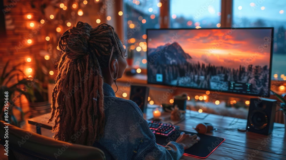 Fototapeta premium A person in casual attire having a virtual meeting with multiple participants on a computer screen, cozy home background