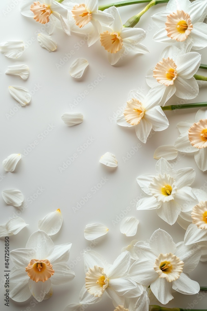 Obraz premium Elegant arrangement of white daffodils with petals scattered on a white background, creating a delicate and serene floral composition.