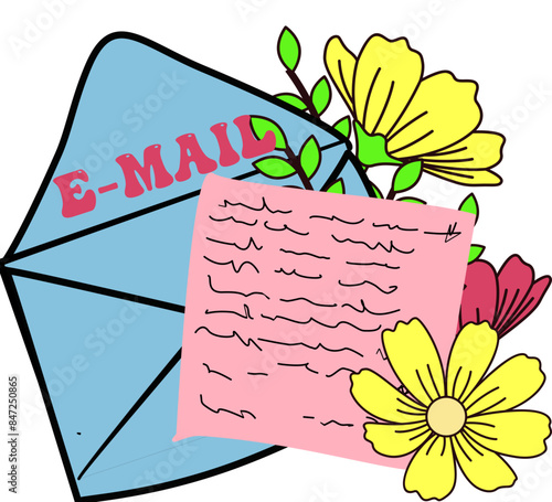 E-mail parola scritta con fiori gerbere - busta per lettere- posta- Grafica vettoriale per sito internet, slide, blog, banner - tasto - pulsante - icona