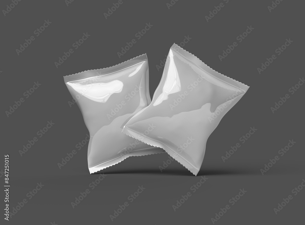 3D render of a glossy generic, sealed snack packaging bag with crimped edges on a dark background 3D render of a glossy generic, sealed snack packaging bag with crimped edges on a dark background