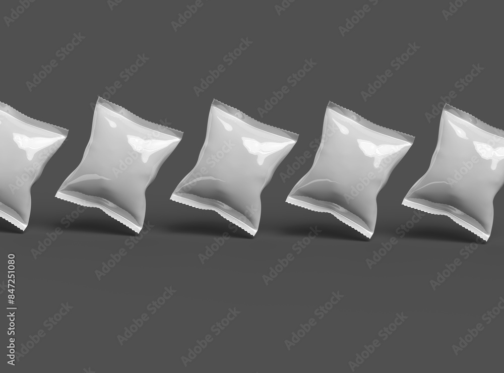 3D render of a glossy generic, sealed snack packaging bag with crimped edges on a dark background 3D render of a glossy generic, sealed snack packaging bag with crimped edges on a dark background