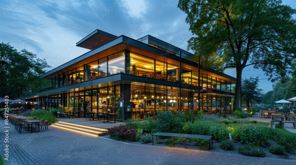 Modern cafe building with large glass windows, evening lights, surrounded by lush greenery. Modern cafe building with large glass windows, evening lights, surrounded by lush greenery.